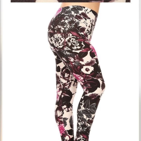 Regular & Plus Size Black and Pink Floral Leggings - Picture 3 of 6